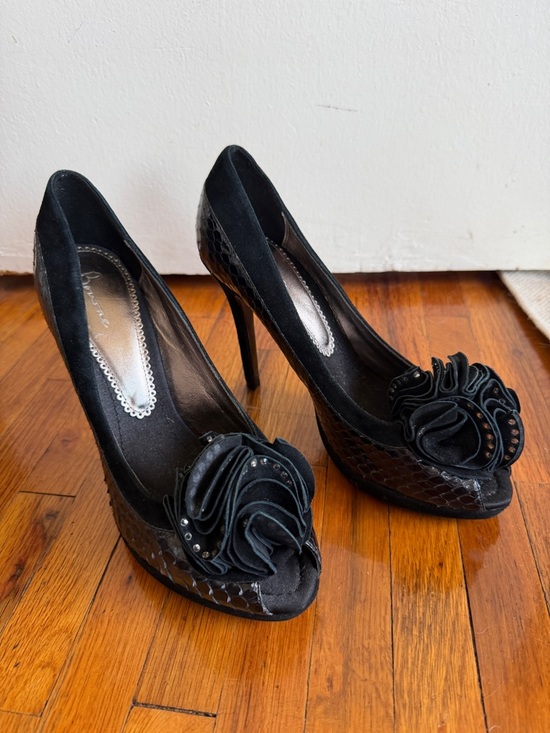 bourne Shoes - Black Peep-Toe Stiletto Heels with Floral Accent